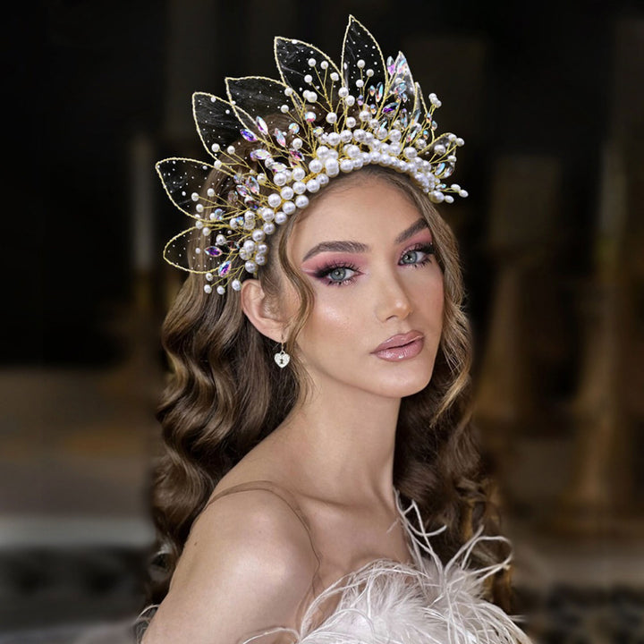 Tulle Leaf Pearl Rhinestone Crown Headpieces