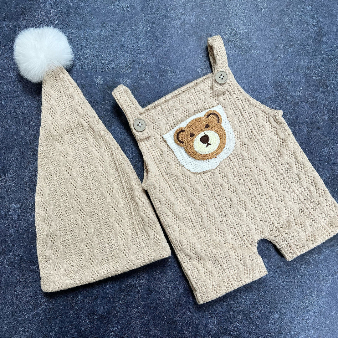 Bear Pompom Hat & Suspender Shorts Newborn Set