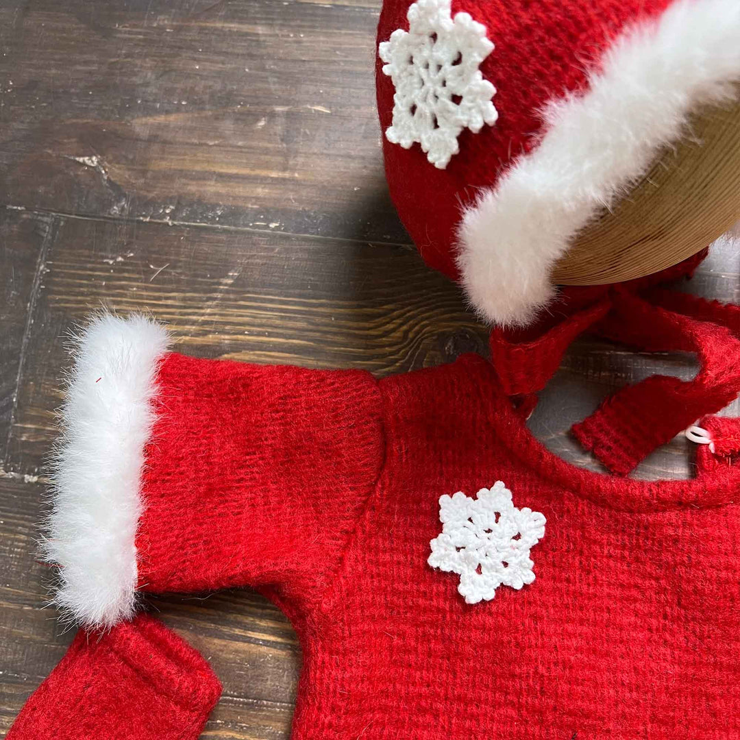 Red Snowflake Accent Newborn Hat, Romper & Socks Set