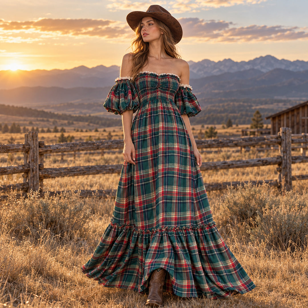 Catubri Gown | Plaid Stretch Off-Shoulder Puff Sleeve Maternity Photography Dress