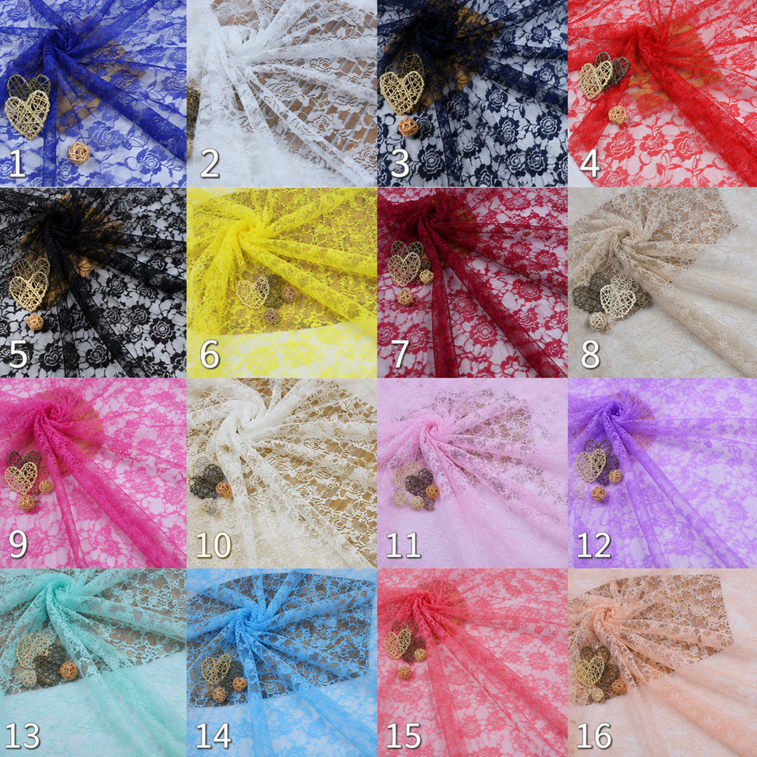 A grid of 16 colored lace fabric swatches with decorative hearts on each. This is a Selene color options reference image, not a single product photo.