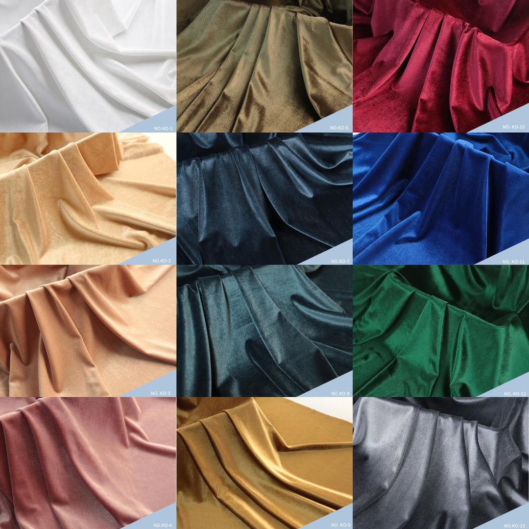 12 fabric samples in different colors are arranged in a grid. The drape and texture details of each fabric are shown. This is a Belisama dress color-options reference image rather than a single product photo, so subject type is Color Swatch.