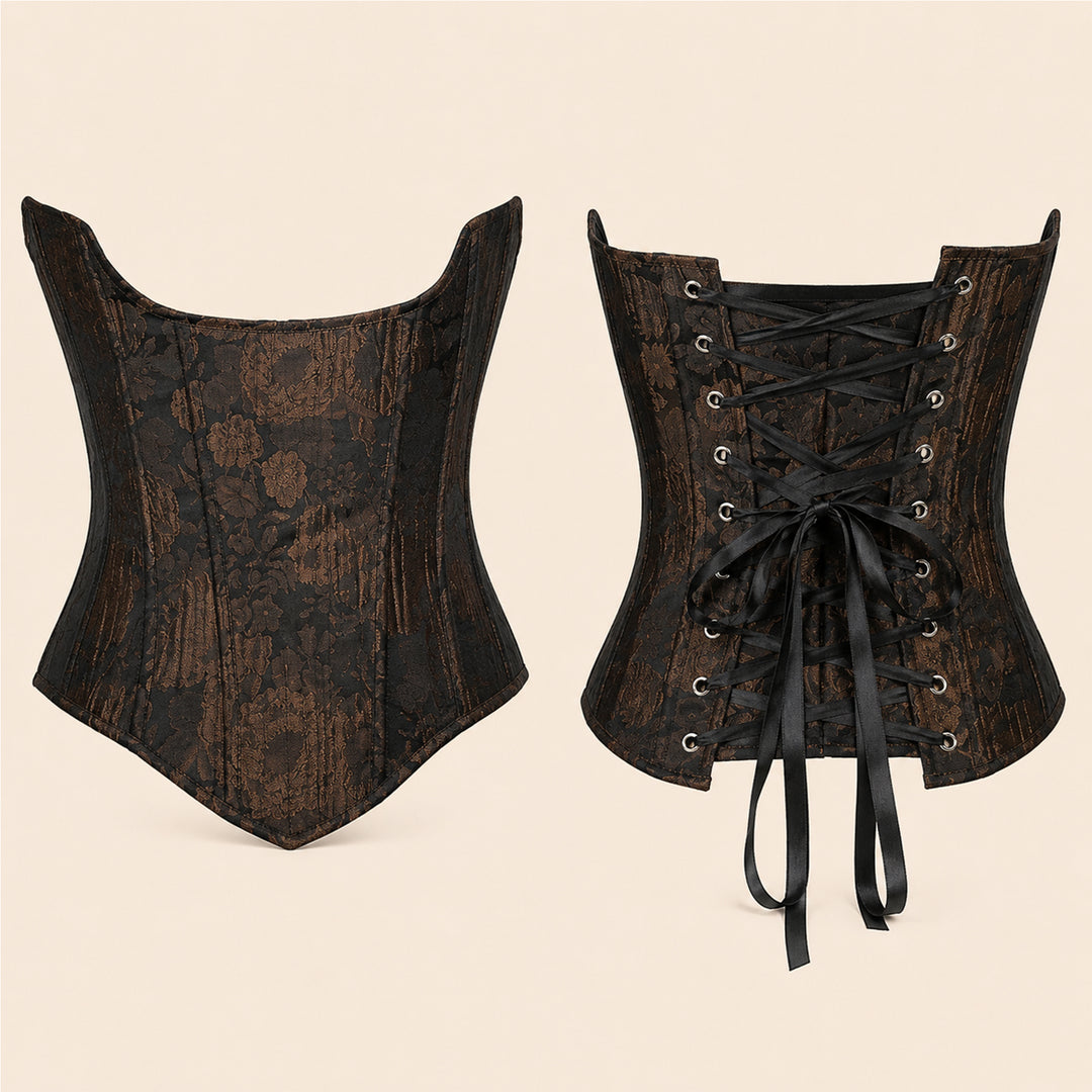 A black and brown brocade corset front and back are shown on a light background. The back has black ribbon lacing and metal eyelets.