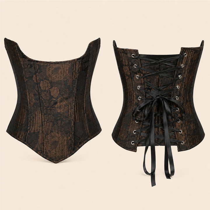 A black and brown brocade corset front and back are shown on a light background. The back has black ribbon lacing and metal eyelets.