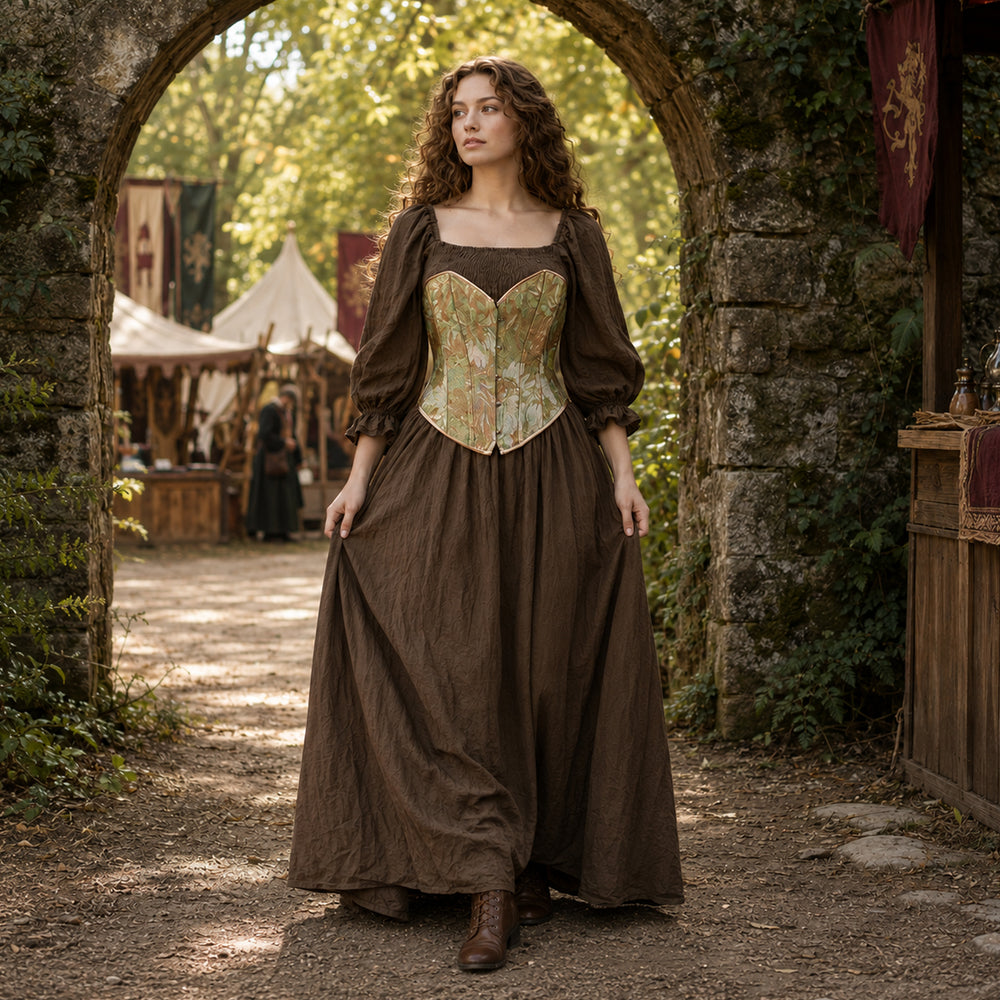 A woman stands under a stone arch wearing a brown square-neck gown, green corset, and brown boots. Trees, tents, and market stalls are visible in the background.
