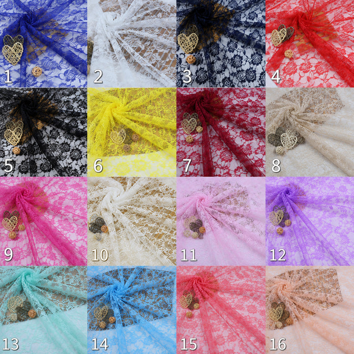 A grid of 16 colored lace fabric,This is a Clito dress color-options reference image rather than a single product photo, so subject type is Color Swatch.